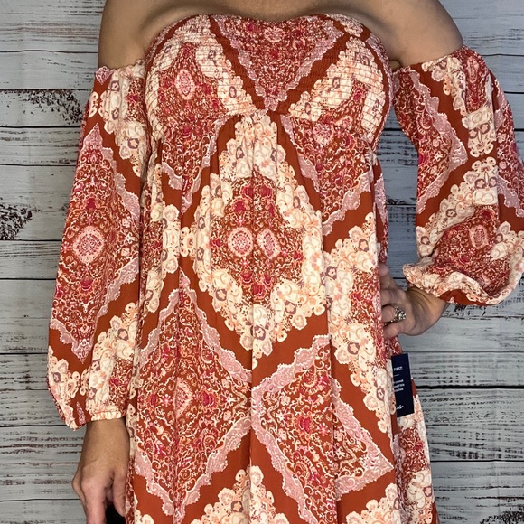 Lulus Carefree Babe Rusty RoseBoho Print Off Shoulder Mini Dress - Picture 2 of 8